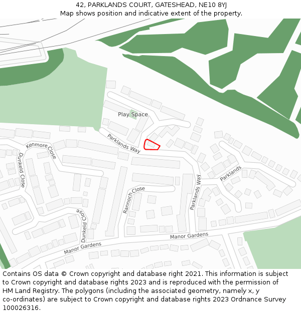 42, PARKLANDS COURT, GATESHEAD, NE10 8YJ: Location map and indicative extent of plot