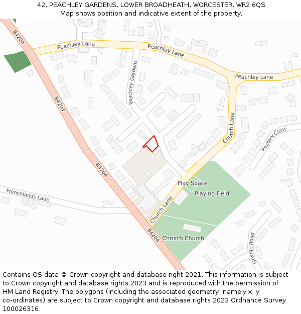 42, PEACHLEY GARDENS, LOWER BROADHEATH, WORCESTER, WR2 6QS: Location map and indicative extent of plot