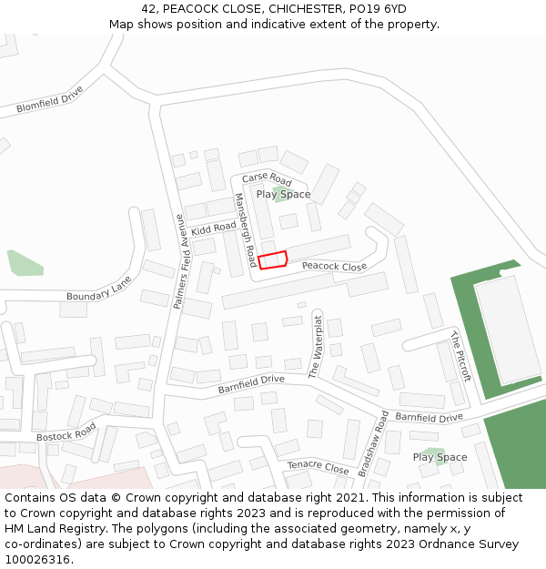 42, PEACOCK CLOSE, CHICHESTER, PO19 6YD: Location map and indicative extent of plot
