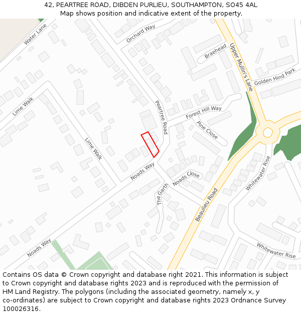 42, PEARTREE ROAD, DIBDEN PURLIEU, SOUTHAMPTON, SO45 4AL: Location map and indicative extent of plot