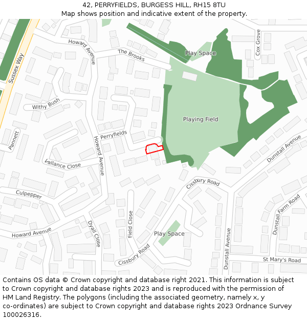 42, PERRYFIELDS, BURGESS HILL, RH15 8TU: Location map and indicative extent of plot