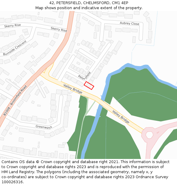 42, PETERSFIELD, CHELMSFORD, CM1 4EP: Location map and indicative extent of plot