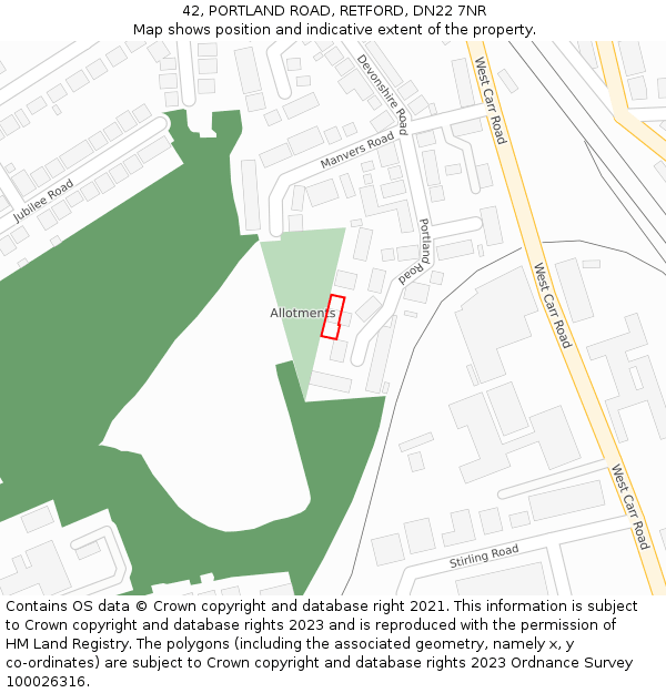 42, PORTLAND ROAD, RETFORD, DN22 7NR: Location map and indicative extent of plot