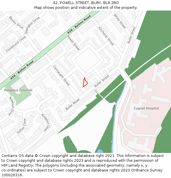 42, POWELL STREET, BURY, BL8 2BG: Location map and indicative extent of plot