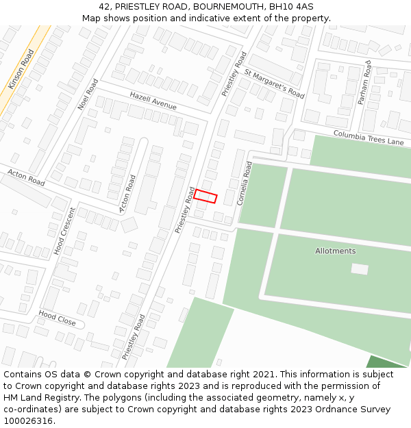 42, PRIESTLEY ROAD, BOURNEMOUTH, BH10 4AS: Location map and indicative extent of plot