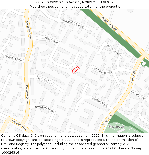 42, PRIORSWOOD, DRAYTON, NORWICH, NR8 6FW: Location map and indicative extent of plot