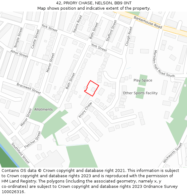 42, PRIORY CHASE, NELSON, BB9 0NT: Location map and indicative extent of plot