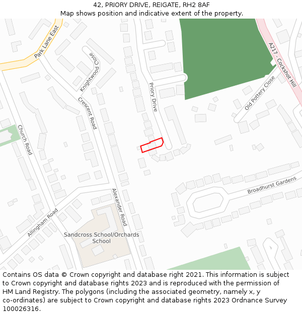 42, PRIORY DRIVE, REIGATE, RH2 8AF: Location map and indicative extent of plot