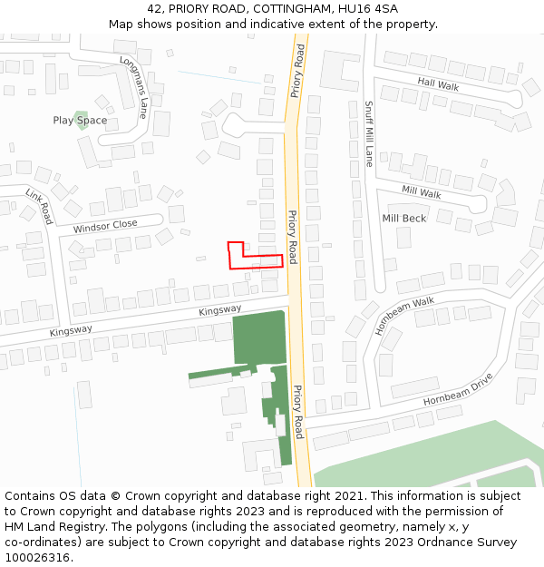 42, PRIORY ROAD, COTTINGHAM, HU16 4SA: Location map and indicative extent of plot