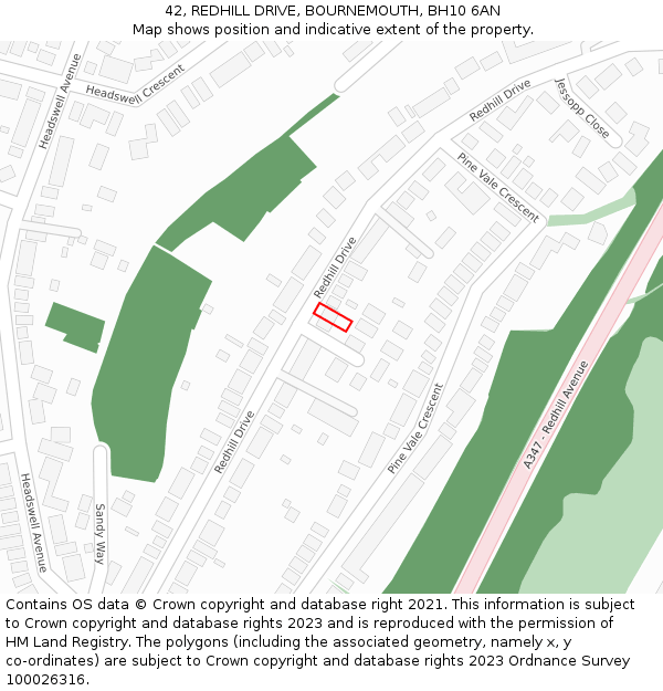 42, REDHILL DRIVE, BOURNEMOUTH, BH10 6AN: Location map and indicative extent of plot