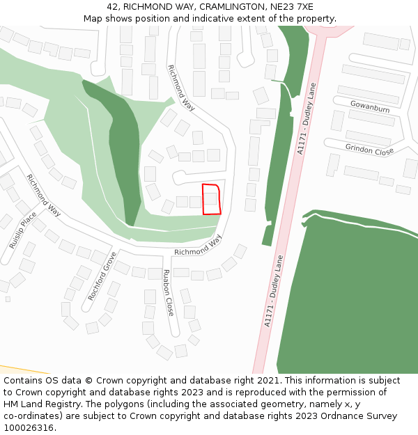 42, RICHMOND WAY, CRAMLINGTON, NE23 7XE: Location map and indicative extent of plot