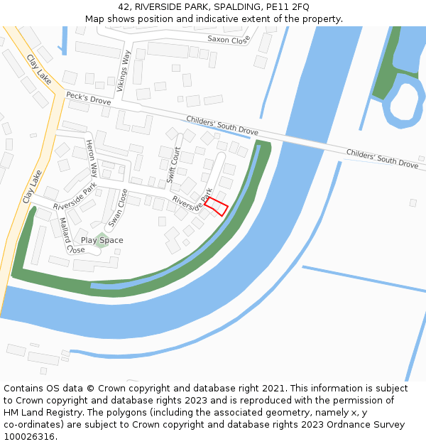 42, RIVERSIDE PARK, SPALDING, PE11 2FQ: Location map and indicative extent of plot