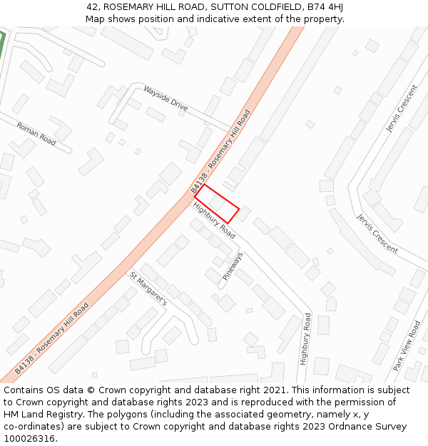 42, ROSEMARY HILL ROAD, SUTTON COLDFIELD, B74 4HJ: Location map and indicative extent of plot