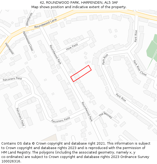 42, ROUNDWOOD PARK, HARPENDEN, AL5 3AF: Location map and indicative extent of plot