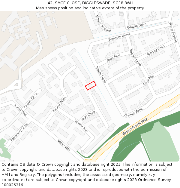 42, SAGE CLOSE, BIGGLESWADE, SG18 8WH: Location map and indicative extent of plot