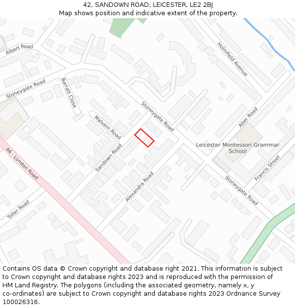 42, SANDOWN ROAD, LEICESTER, LE2 2BJ: Location map and indicative extent of plot