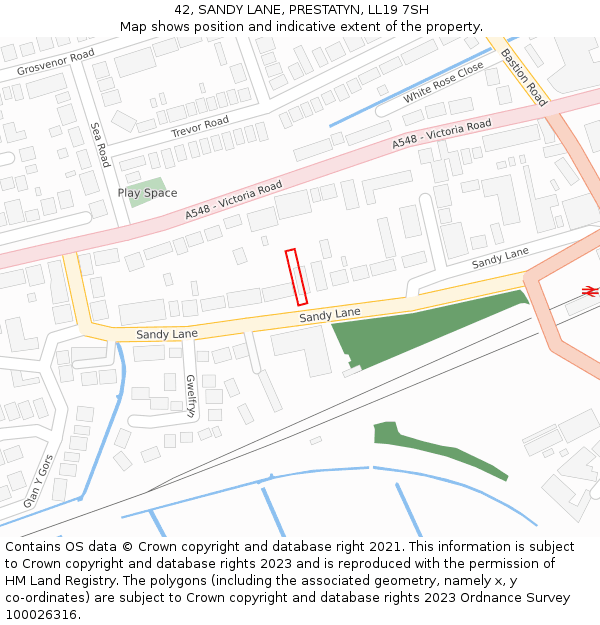 42, SANDY LANE, PRESTATYN, LL19 7SH: Location map and indicative extent of plot
