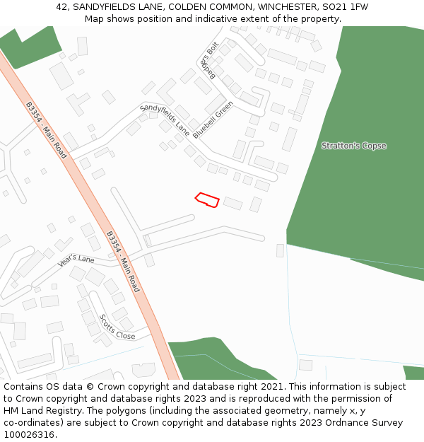 42, SANDYFIELDS LANE, COLDEN COMMON, WINCHESTER, SO21 1FW: Location map and indicative extent of plot