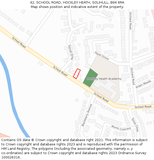 42, SCHOOL ROAD, HOCKLEY HEATH, SOLIHULL, B94 6RA: Location map and indicative extent of plot