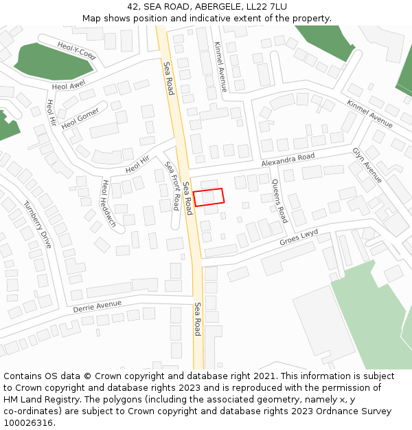 42, SEA ROAD, ABERGELE, LL22 7LU: Location map and indicative extent of plot