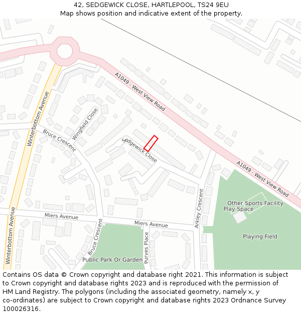 42, SEDGEWICK CLOSE, HARTLEPOOL, TS24 9EU: Location map and indicative extent of plot