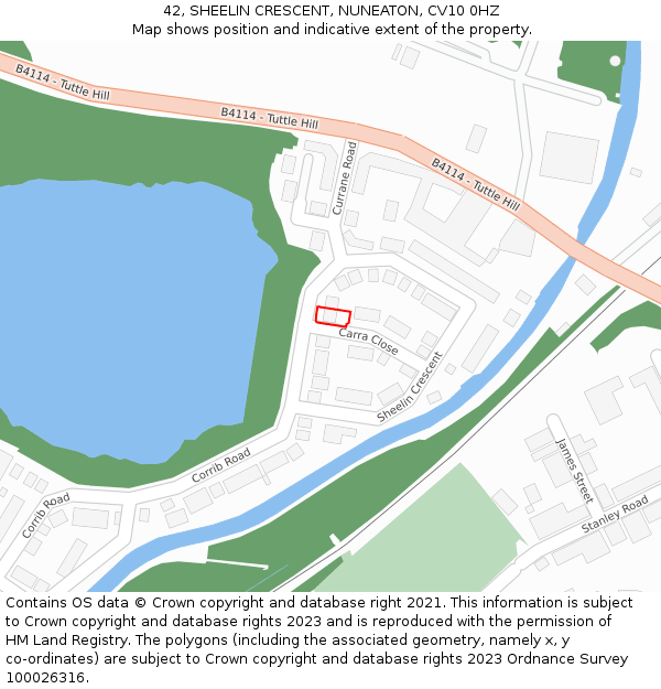 42, SHEELIN CRESCENT, NUNEATON, CV10 0HZ: Location map and indicative extent of plot