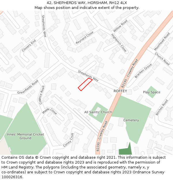 42, SHEPHERDS WAY, HORSHAM, RH12 4LX: Location map and indicative extent of plot