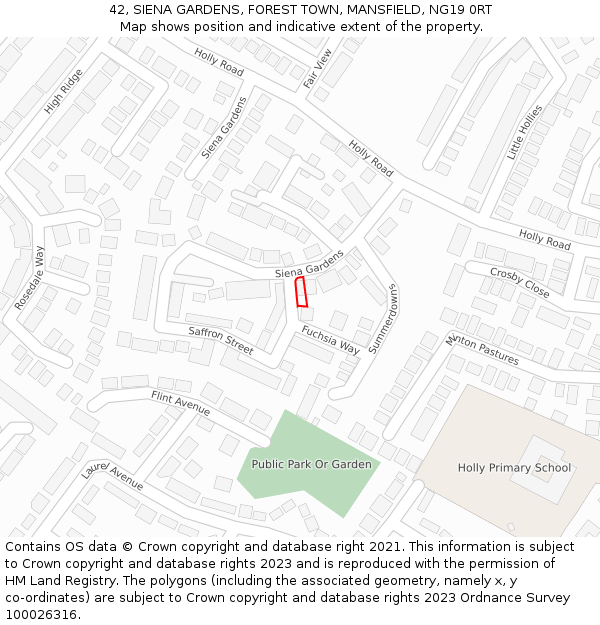 42, SIENA GARDENS, FOREST TOWN, MANSFIELD, NG19 0RT: Location map and indicative extent of plot