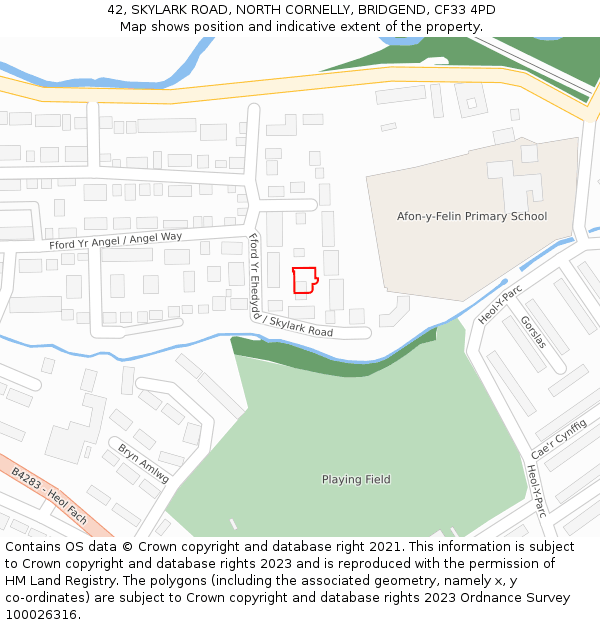 42, SKYLARK ROAD, NORTH CORNELLY, BRIDGEND, CF33 4PD: Location map and indicative extent of plot