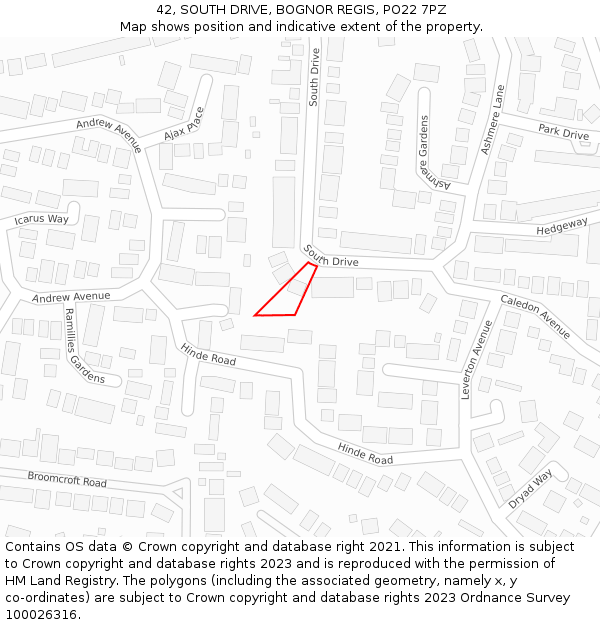 42, SOUTH DRIVE, BOGNOR REGIS, PO22 7PZ: Location map and indicative extent of plot