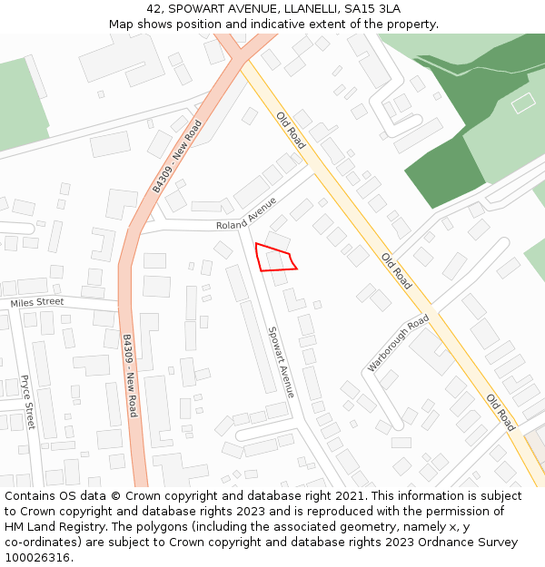 42, SPOWART AVENUE, LLANELLI, SA15 3LA: Location map and indicative extent of plot