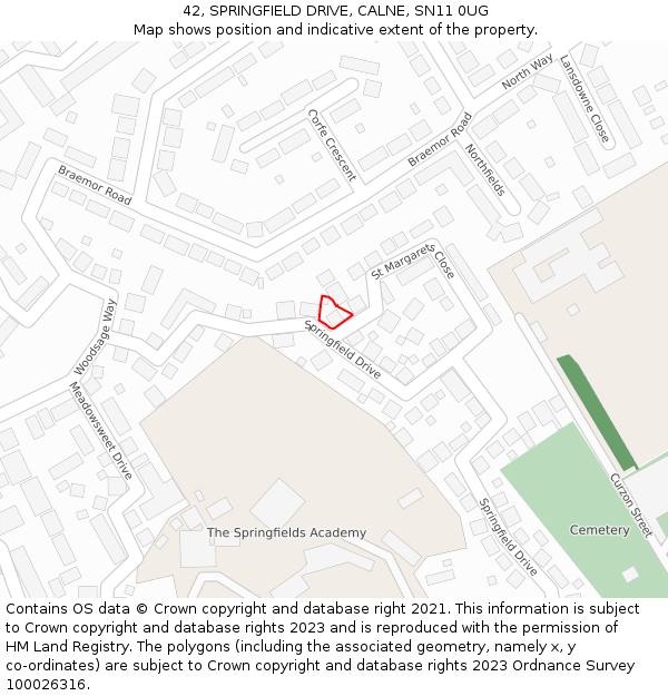 42, SPRINGFIELD DRIVE, CALNE, SN11 0UG: Location map and indicative extent of plot