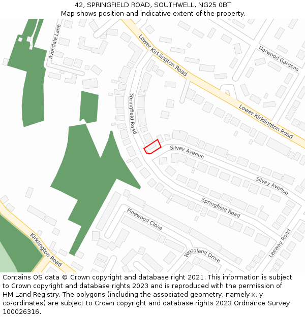 42, SPRINGFIELD ROAD, SOUTHWELL, NG25 0BT: Location map and indicative extent of plot