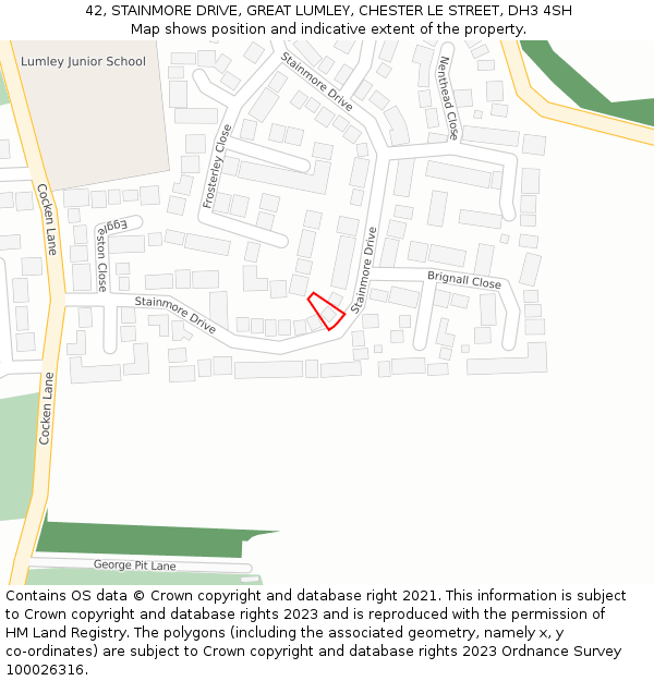 42, STAINMORE DRIVE, GREAT LUMLEY, CHESTER LE STREET, DH3 4SH: Location map and indicative extent of plot
