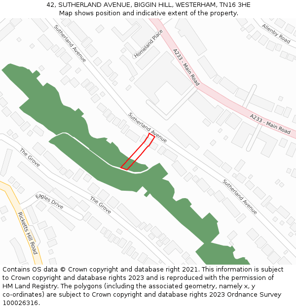 42, SUTHERLAND AVENUE, BIGGIN HILL, WESTERHAM, TN16 3HE: Location map and indicative extent of plot