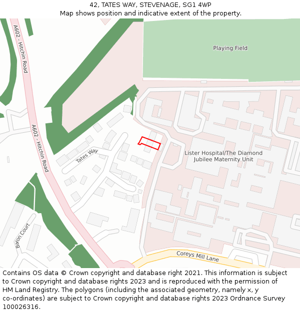 42, TATES WAY, STEVENAGE, SG1 4WP: Location map and indicative extent of plot