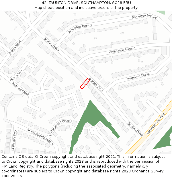 42, TAUNTON DRIVE, SOUTHAMPTON, SO18 5BU: Location map and indicative extent of plot