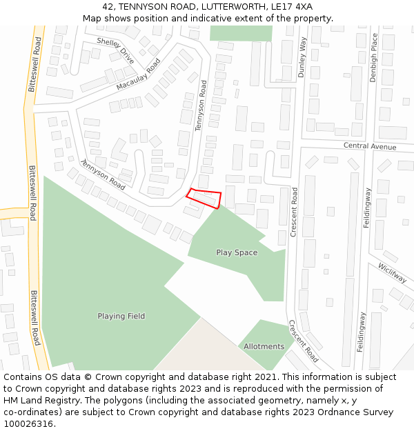 42, TENNYSON ROAD, LUTTERWORTH, LE17 4XA: Location map and indicative extent of plot
