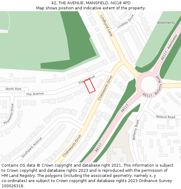 42, THE AVENUE, MANSFIELD, NG18 4PD: Location map and indicative extent of plot