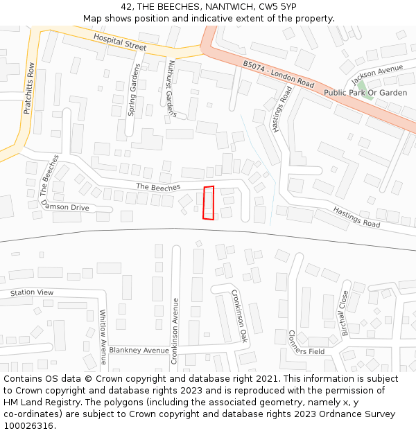 42, THE BEECHES, NANTWICH, CW5 5YP: Location map and indicative extent of plot