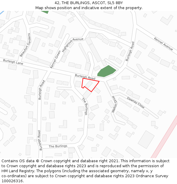 42, THE BURLINGS, ASCOT, SL5 8BY: Location map and indicative extent of plot