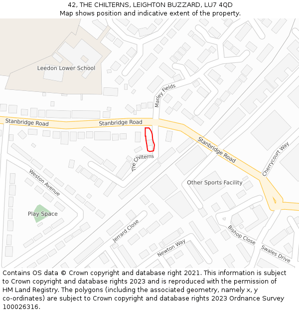 42, THE CHILTERNS, LEIGHTON BUZZARD, LU7 4QD: Location map and indicative extent of plot