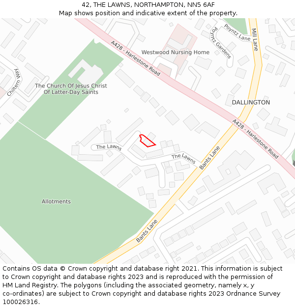 42, THE LAWNS, NORTHAMPTON, NN5 6AF: Location map and indicative extent of plot