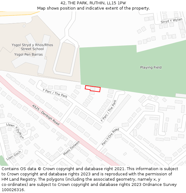 42, THE PARK, RUTHIN, LL15 1PW: Location map and indicative extent of plot