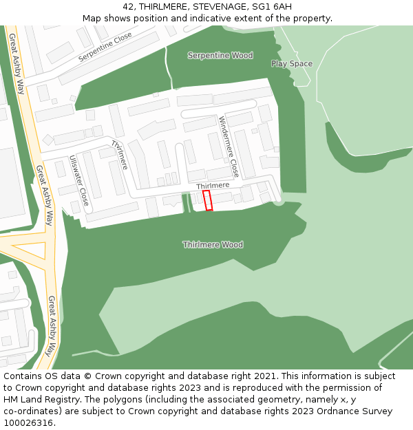 42, THIRLMERE, STEVENAGE, SG1 6AH: Location map and indicative extent of plot