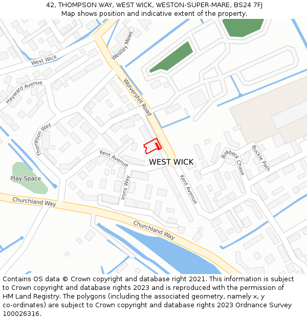 42, THOMPSON WAY, WEST WICK, WESTON-SUPER-MARE, BS24 7FJ: Location map and indicative extent of plot