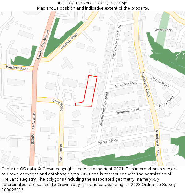 42, TOWER ROAD, POOLE, BH13 6JA: Location map and indicative extent of plot
