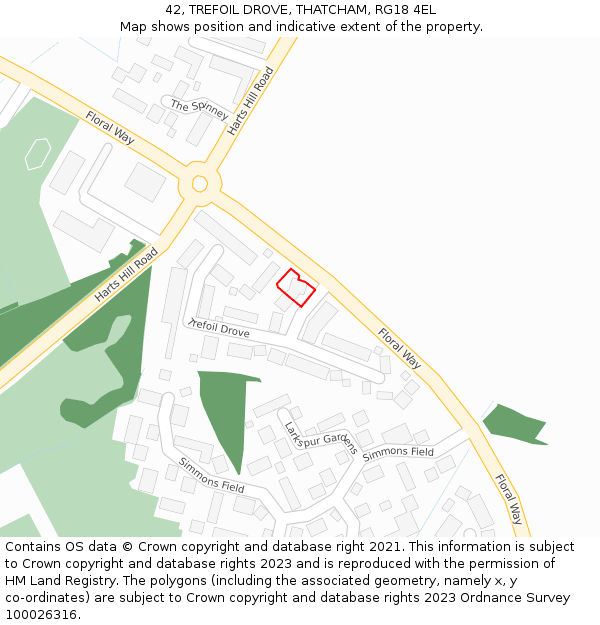 42, TREFOIL DROVE, THATCHAM, RG18 4EL: Location map and indicative extent of plot