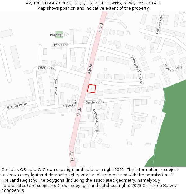 42, TRETHIGGEY CRESCENT, QUINTRELL DOWNS, NEWQUAY, TR8 4LF: Location map and indicative extent of plot