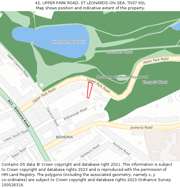 42, UPPER PARK ROAD, ST LEONARDS-ON-SEA, TN37 6SL: Location map and indicative extent of plot